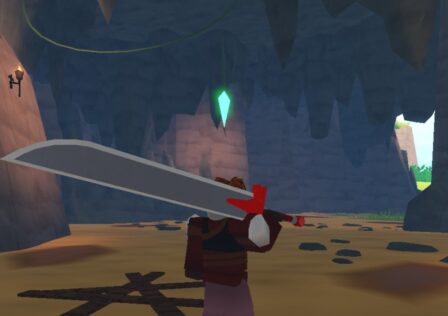 A character from Roblox game Swordburst 3 standing in a cave, a huge Greatsword slung over one shoulder.