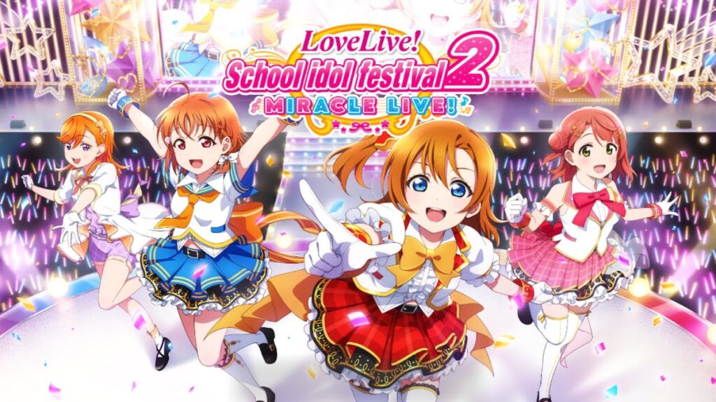The feature image for the "Love Live! SIF2 global launch" news has characters in coustumes in the middle of a concert surrounded by a huge crowd.