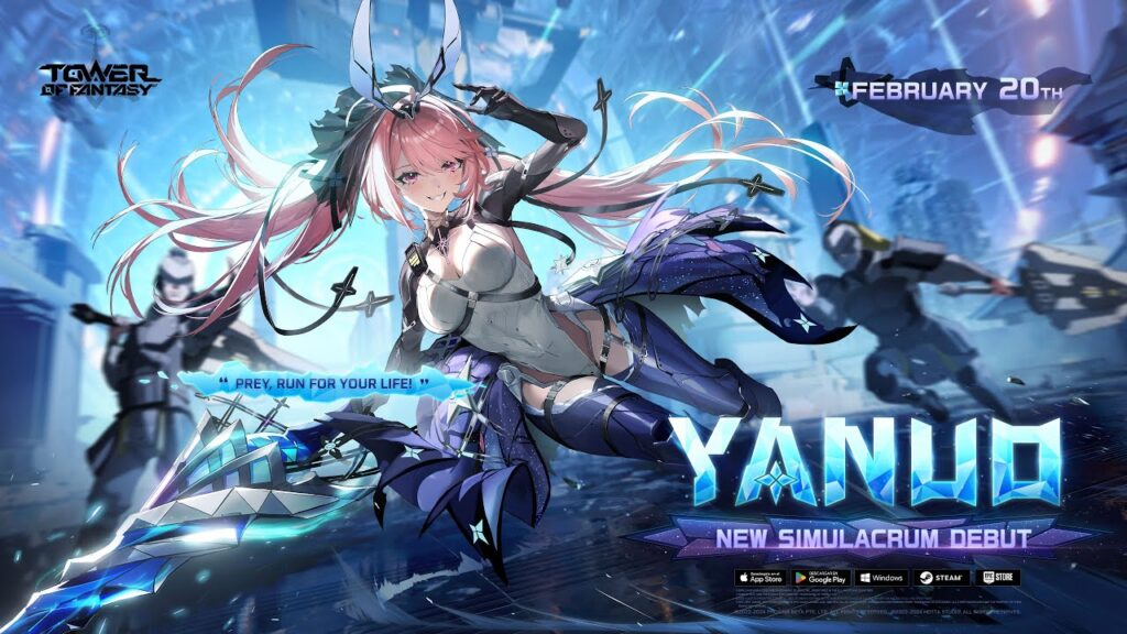 featured image for our news on Yanuo in Tower of Fantasy. it features Yanuo in a blue background. she's wearing a blue grey dress