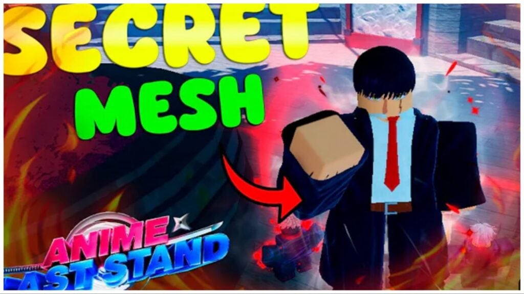 the image shows the new secret unit on the right who is wearing a suit. In the bottom left is the game logo and above that in yellow and green it reads SECRET MESH. Mesh has a red aura around his png