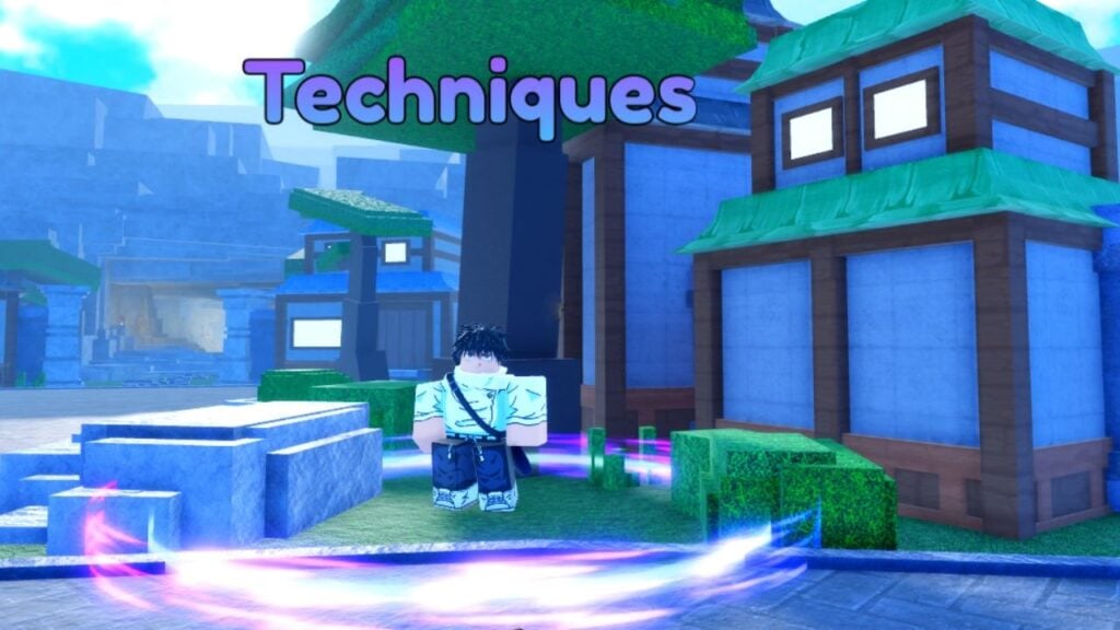 Feature image for our Anime Last Stand technique tier list. It shows the technique-vendor NPC in the lobby area in front of a green-roofed house.