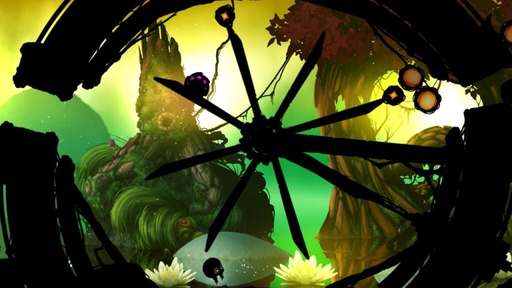 Feature image for our best Android local multiplayer games. It shows a screen from Badland with a windmill-like set of platforms against a green background.