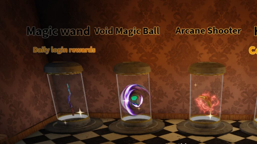 Feature image for our Darkness Mystery codes guide. It shows the game's lobby, with several weapons in glass jars.