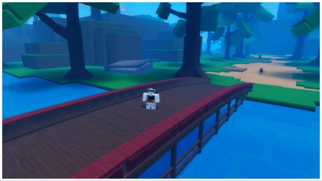 image shows the grimoires era bridge that players will cross to locate the mana sense npc. You can see my avatar stood on the bridge during the day with tall trees and grassy hills behind her