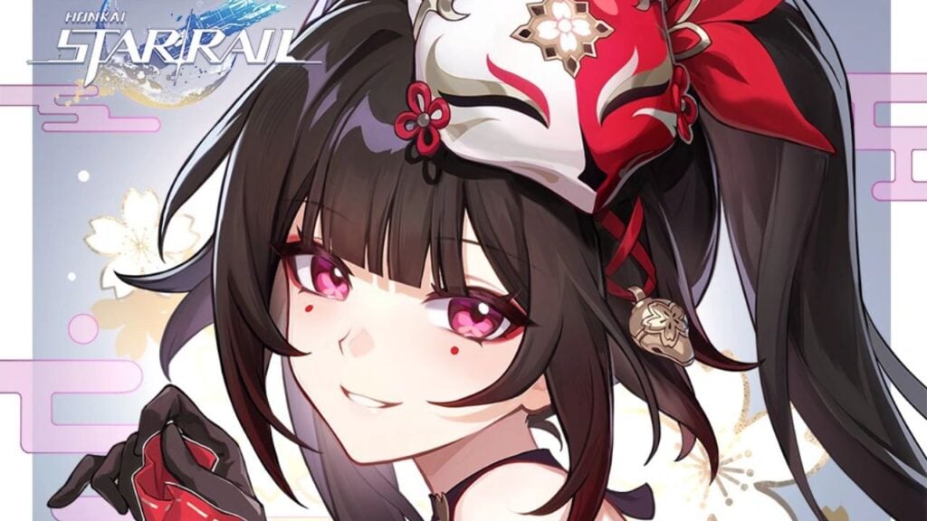 Feature image for our Honkai Star Rail Sparkle tier list. It shows a promo image with a female character with dark brown hair, magenta eyes, and a carnival mask on her head.