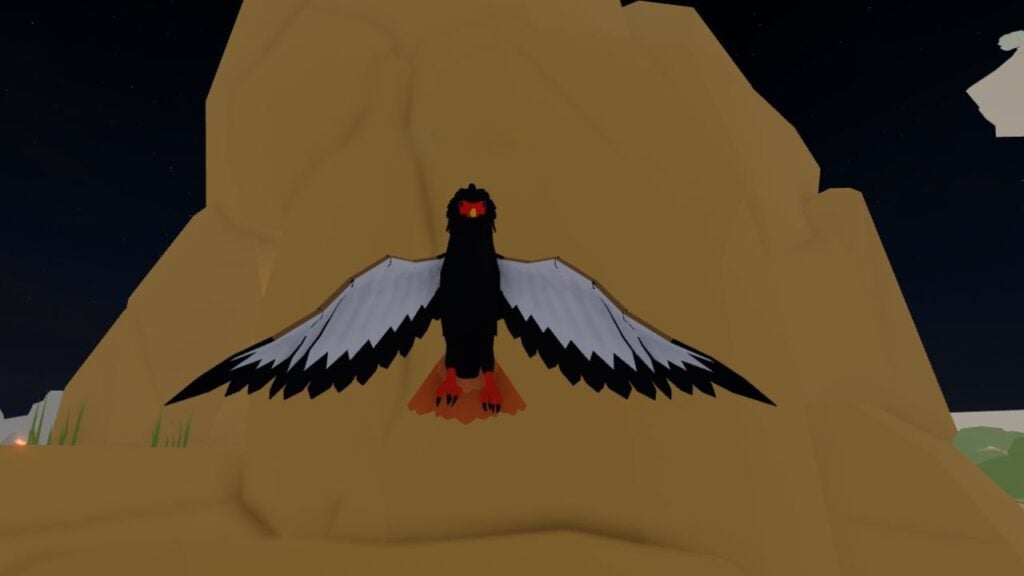 Feature image for our guide on how to fly in Animal Simulator Roblox. It shows a Bataleur Eagle player character hovering in the air in front of a mountain peak.