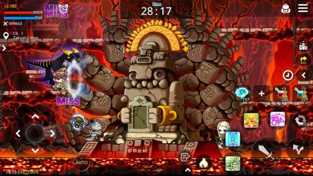 Feature image for our list of the best Android MMORPGs. it shows a screenshot from MapleStory M with characters battling a large stone idol.