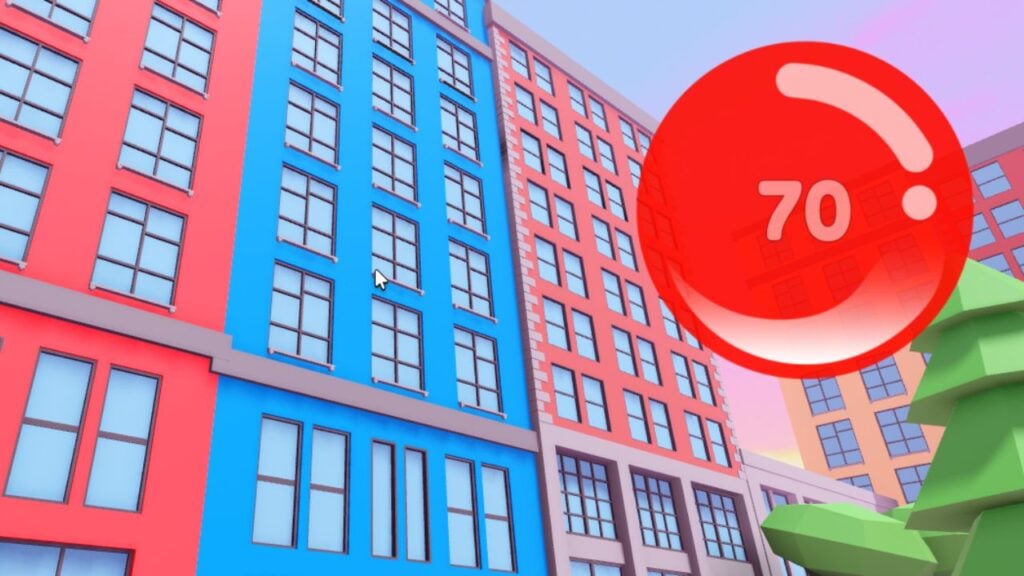 Feature image for our Pop Bubbles For UGC codes guide. It shows some buildings in the play area, with a large red bubble that reads 70.
