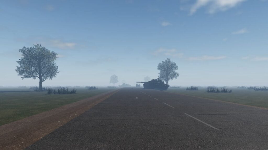 Feature imagw for our Roblox The Long Drive ending guide. It shows a view of the road in-game, with wracked, abandoned tanks left on the roadside.