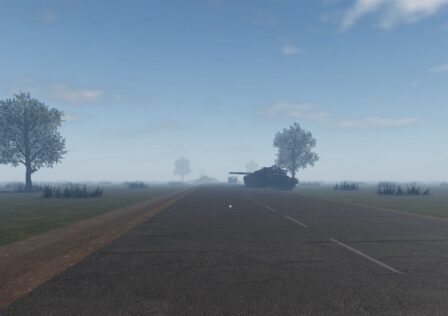 Feature imagw for our Roblox The Long Drive ending guide. It shows a view of the road in-game, with wracked, abandoned tanks left on the roadside.