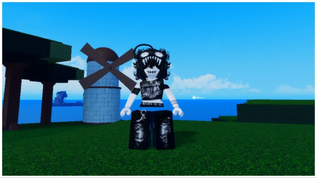 The image shows my avatar who is wearing all black with a scarecrow face on top of a tree at the spawn area of second piece. In the background is the vast ocean as well as a windmill