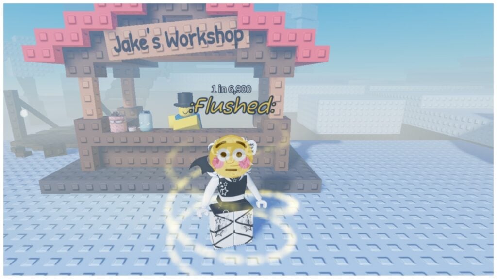the image shows my avatar with a flushed expression emoji over her face stood infront of jakes workshop during snowy weather which makes the island look very white and foggy