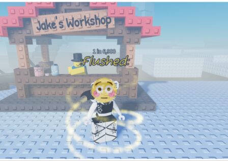 the image shows my avatar with a flushed expression emoji over her face stood infront of jakes workshop during snowy weather which makes the island look very white and foggy
