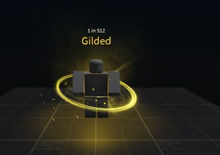 Feature image for our Sol's RNG Gilded guide. It shows the Sol's RNG collection screen with Gilded highlighted, an Aura resembling a gold ring of light hovering round the player.