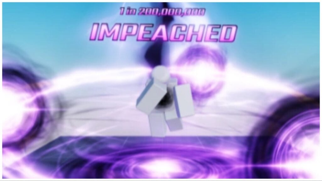 the image shows a greyed out blocky roblox avatar dummy showcasing the impeached aura which is multiple glowing purple orbs which surround the player as they are suspended in the air