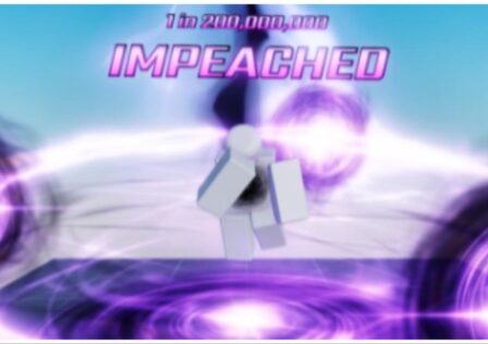 the image shows a greyed out blocky roblox avatar dummy showcasing the impeached aura which is multiple glowing purple orbs which surround the player as they are suspended in the air