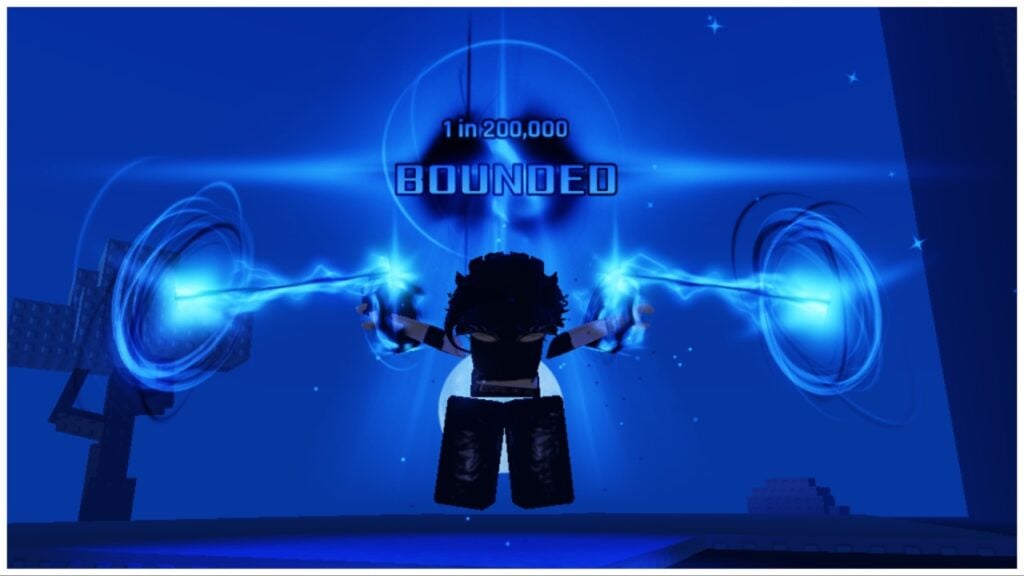 the image shows a starfall which is a lovely blue colour sky with my avatar stunting her bounded aura which has two blue aura chain rings pulling her arms outstretched either side
