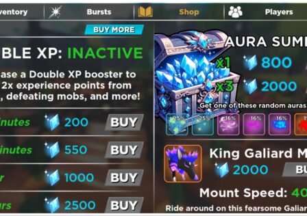 the image shows the swordburst 3 menu shop where players can buy gems and spin for auras