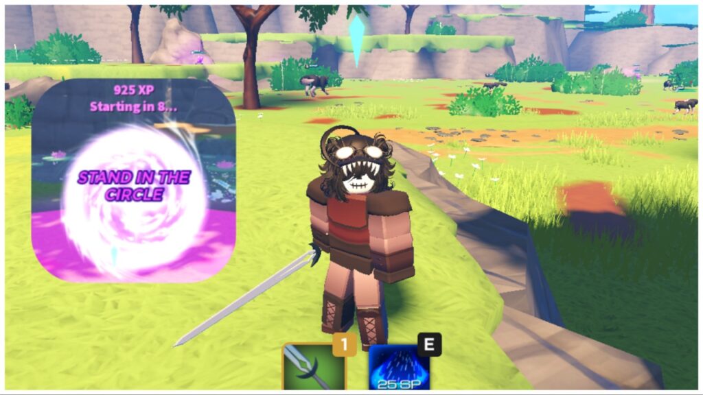 The image shows my avatar in bulky brown armour donning a sword in the grass lands infested with wolves. To the left is a png addition of what a portal looks like in game