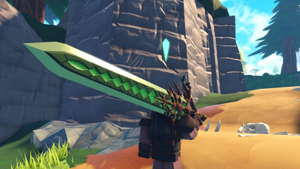 Feature image for our Swordburst 3 weapons tier list. It shows a player character near Hagan's boss arena. holding the Root Reaper greatsword.