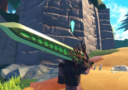 Feature image for our Swordburst 3 weapons tier list. It shows a player character near Hagan's boss arena. holding the Root Reaper greatsword.
