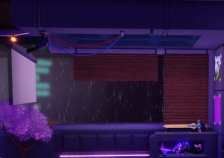 Feature image for our Swordburst 3 codes guide. It shows a screen of the inside of a room, with purple LEG lighting, and a sword on display.