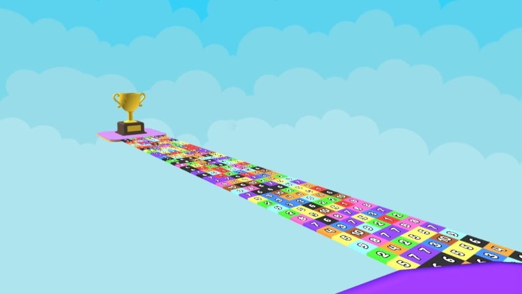 Feature image for our UGC Math Race codes guide. It shows the floating track, with different colored, numbered tiles. There's a large gold trophy at the end.