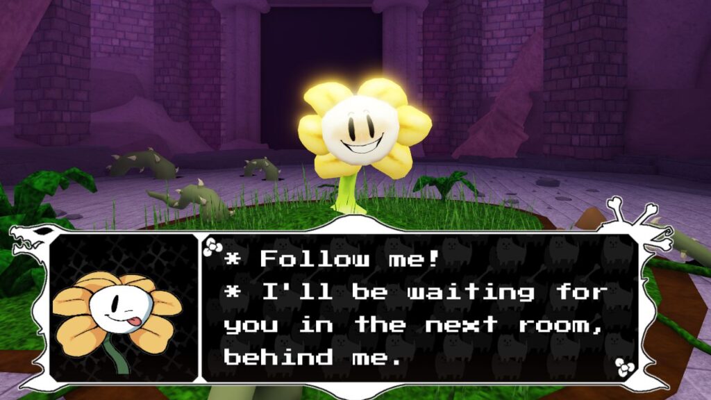Feature image for our Undertale Final Showdown codes guide. It shows a 3D rendition of the character Flowey, a flower, in the Ruins. His dialogue says 'Follow me! I'll be waiting for you in the next room, behind me. '