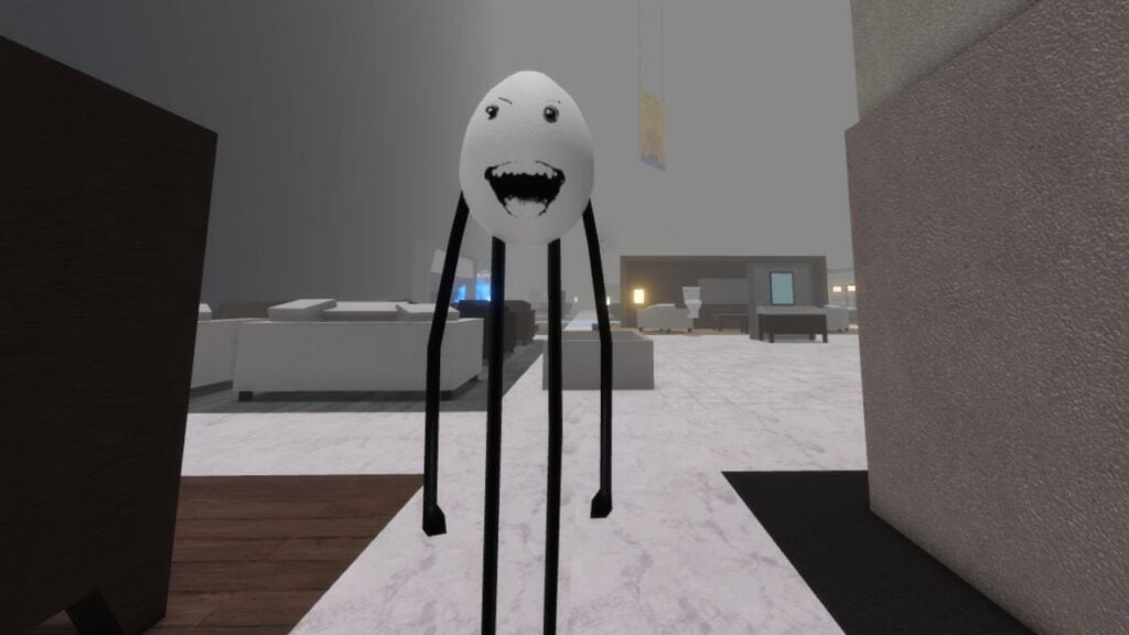 Feature image for our 3008 the hunt guide. It shows an in-game view of an NPC that resembles an egg with stickman arms and legs speaking to the player.