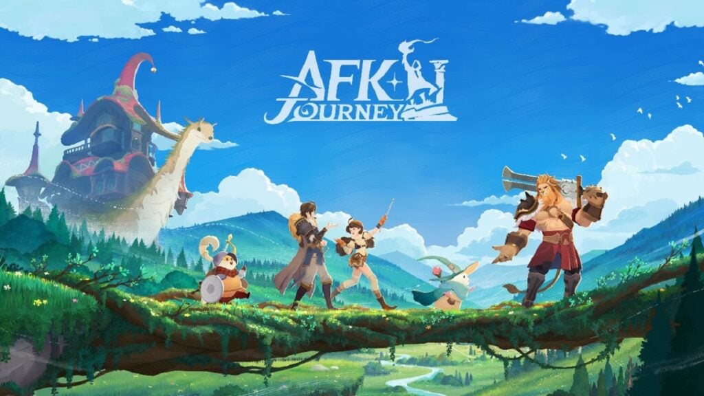 featured image for our news on AFK Journey. it features a few characters standing and posing a winning strike on a green grassland. The sky is blue with some white clouds.