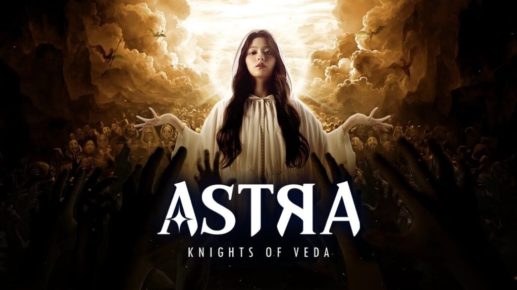 featured image for our news on ASTRA Knights of Veda PV. It features Lee Nagyung of fromis_9 fame wearing a long flowy white gown that makes her look like a goddess. We see clouds and rays of light behind her while below her, we can see hands of people trying to reach her.