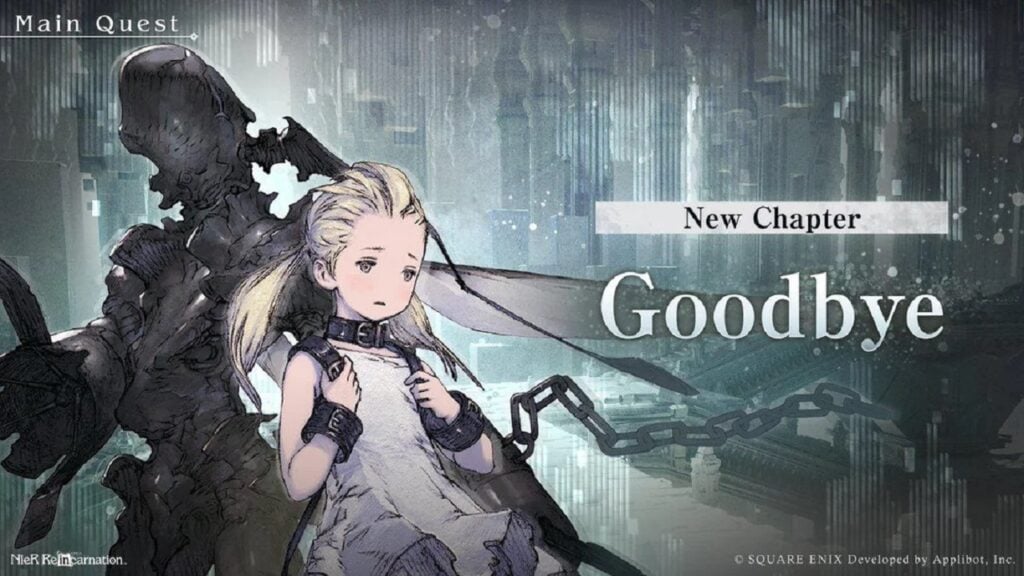 featured image for our news on Act III Transmigration, the final chapter of NieR Reincarnation. It features the main protagonist looking sad as she has been chained by a black shadowy monster behind her.