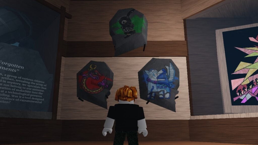 A character from Roblox game Tales of Tanorio standing in front of three carvings on a museum wall.
