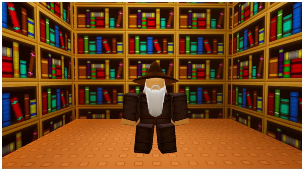 The image shows the inside of the wizard tower where grimoires are crafted which has a faceless wizard npc inside with a long white beard. He is surrounded by four walls lined with books