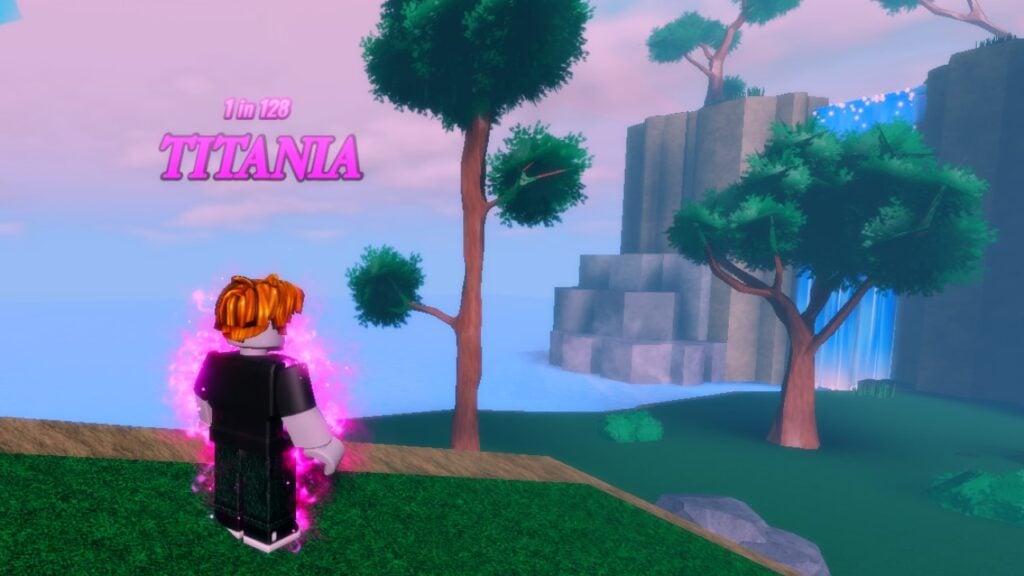 A character from Roblox game Anime Roulette looking out over some trees and a waterfall. They have the Titania Aura equipped.