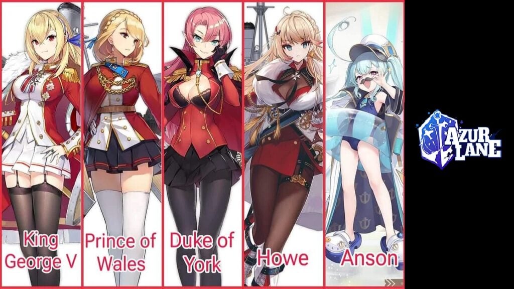 featured image for Azur Lane Anson. It features character design reveals of five new ships, King george V, Anson and others. On the right, there's a Azur Lane logo on black background