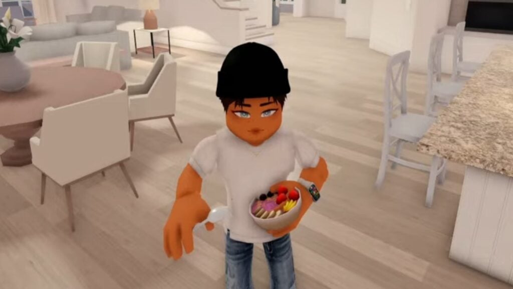 A character from Roblox game Berry Avenue holding an Acai Bowl, a recipe required for The Hunt quest for the game.