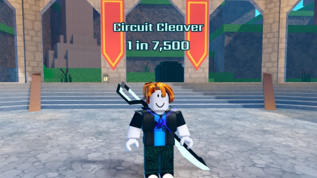 A character from Roblox game Blades of Chance standing in an arena. They have the Circuit Cleaver Blade equipped.