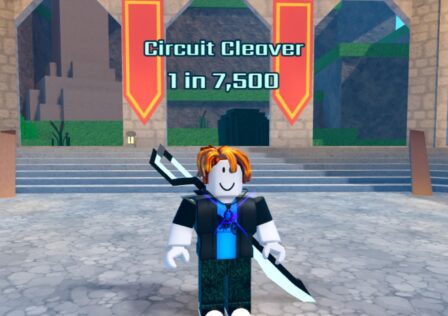A character from Roblox game Blades of Chance standing in an arena. They have the Circuit Cleaver Blade equipped.