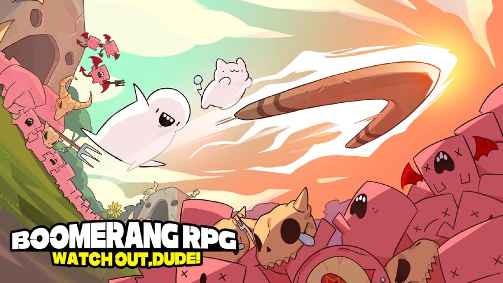 featured image for our news on Boomerang RPG. t features the fluffy ghost-like protagonist named Dude flying (jumping) in the air. The sky is green and orange (probably depicting a fire below him).