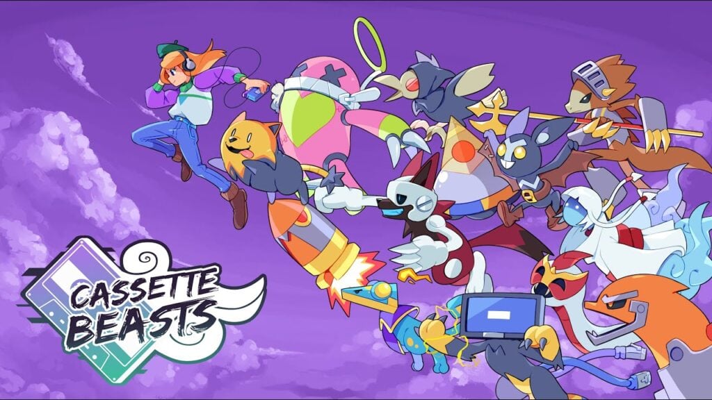 featured image for our news on Cassette Beasts on Android. It features many monsters from the game flying in the air.