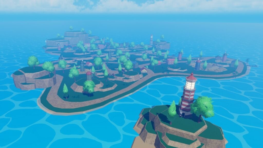 An aerial view of Lighthouse Island, the first island players visit in Roblox game Cursed Sea.