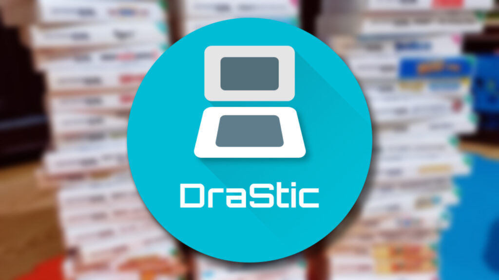 An image of the logo for the DraStic DS emulator. In tha background, a blurred photo of a stack of DS games.