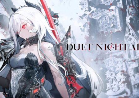 The feature image for the news of Duet Night Abyss Technical Test is the main character of the game with a weapon in her hand in a black and red outfit against a snowy backdrop.
