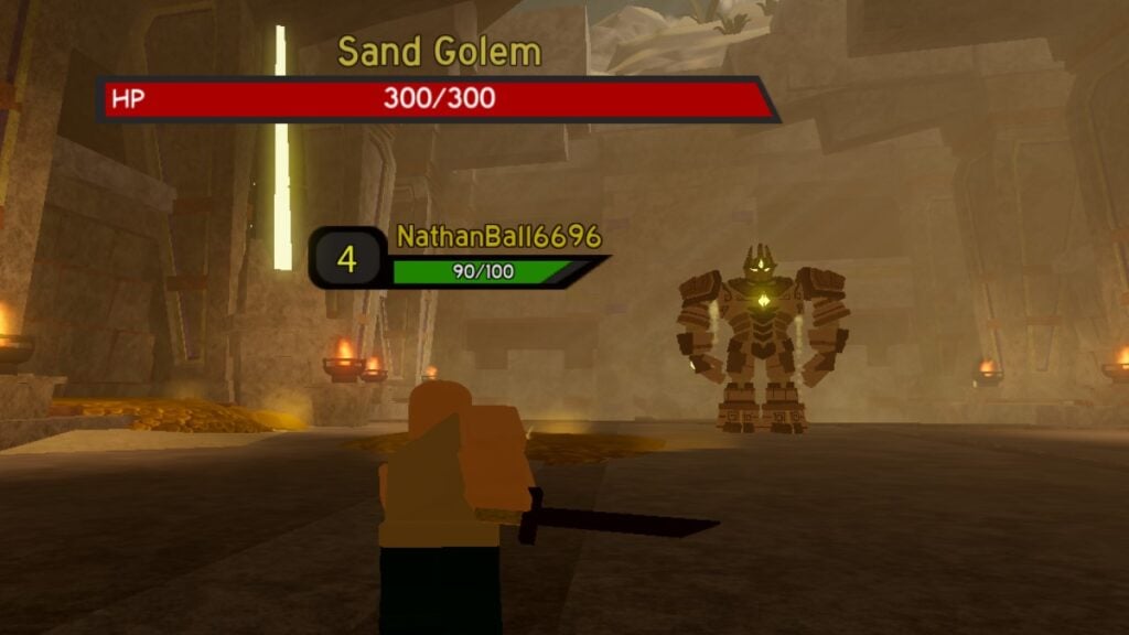A character from Roblox game Dungeon Quest rushing into battle with a Sand Golem.
