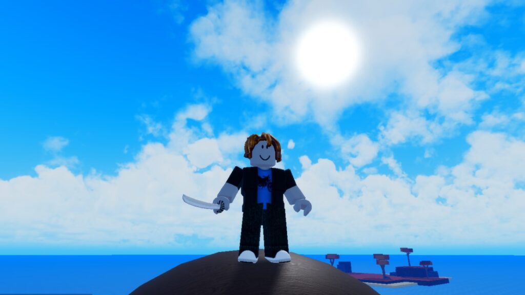 A character from Roblox game Second Piece standing on top of a windmill.
