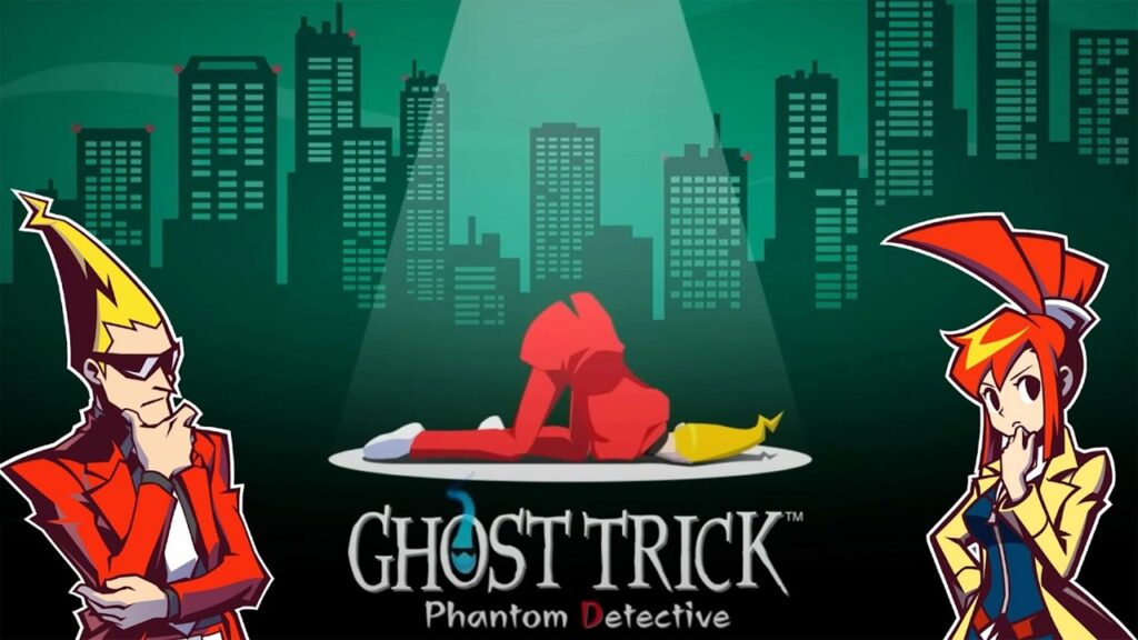 featured image for our news on Ghost Trick: Phantom Detective remaster. It features Sissel, teh ghost upside down under the spotlight. Again, he's pondering with his arms folded and one hand on his chin on the left side of the image. On the right, we can see a female character with red hair.