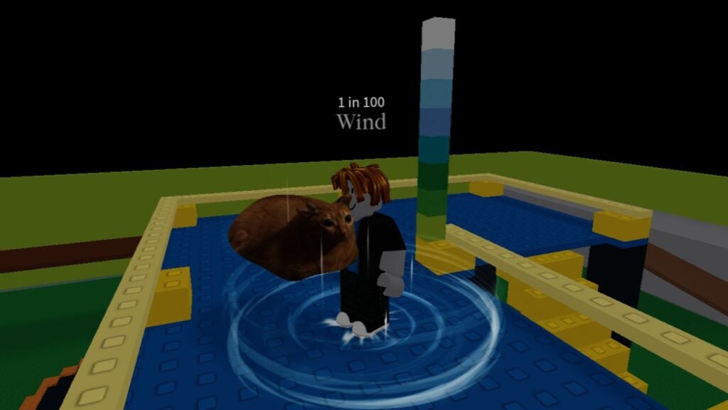 An image of a character from Roblox game Hades RNG standing next to a multicoloured pole. They're holding a Gwa Gwa and have the Wind Aura equipped.