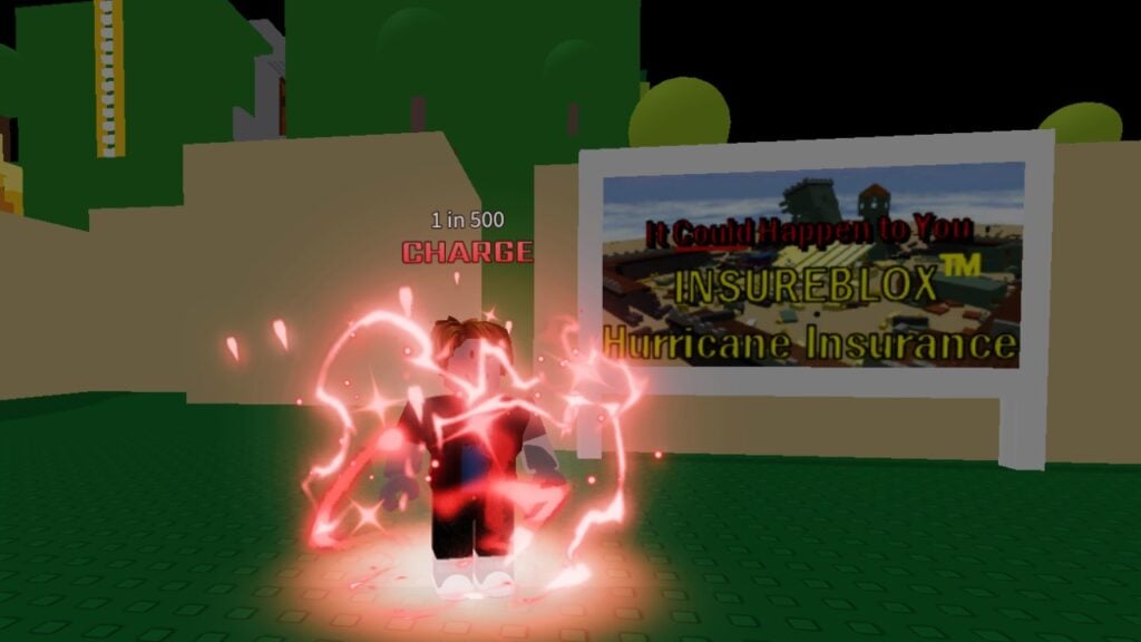 A character from Roblox game Hades RNG standing next to a billboard. They have the Charge Aura equipped.