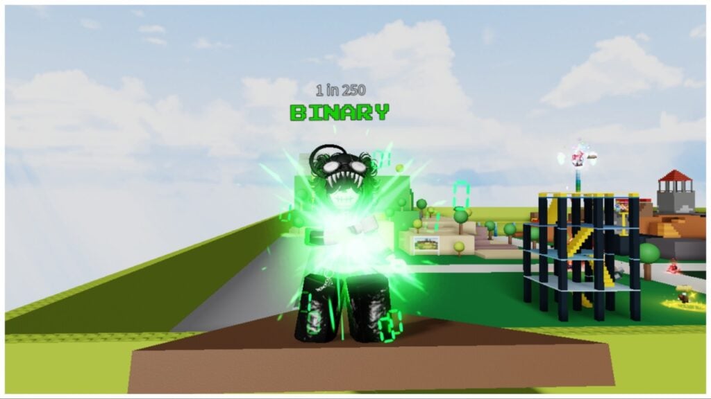 The image shows my avatar stood over a ledge at the edge of the map with the binary aura which is green with coding numbers spewing from the inside of the aura. The sky is blue and cloudy